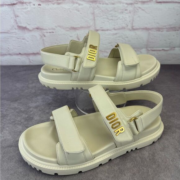 Authentic Dior Dioract Off White Sandals Gold Logo 39.5 - Picture 1 of 16